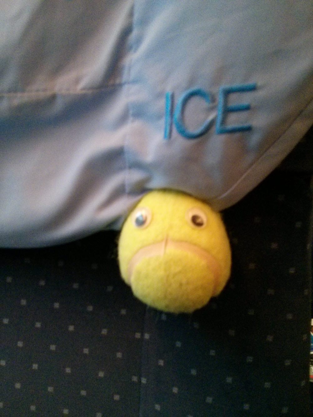 Gelber Ball mit Gesicht vor einem blauen Rucksack mit 'ICE' Schriftzug.