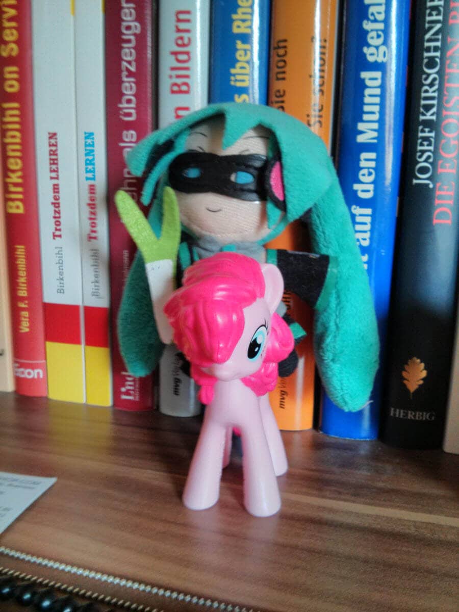 Kuscheltier mit Brille und Plüschpony vor Büchern im Regal.