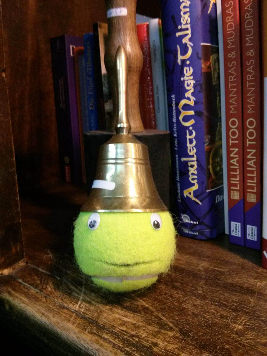 Ball mit Glocke und Augen vor Büchern im Regal.