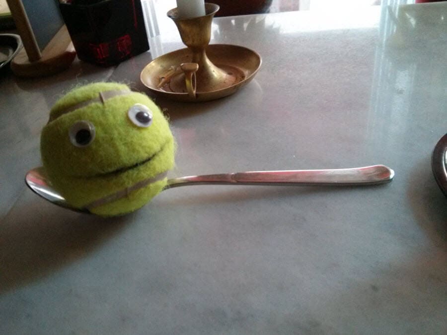 Ball-kun, der grüne Ball mit Augen, liegt auf einem Löffel.