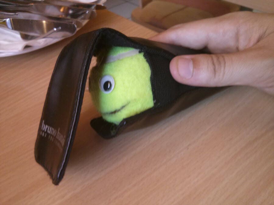 Ball-kun, der grüne Ball mit Auge, in Hand gehalten.